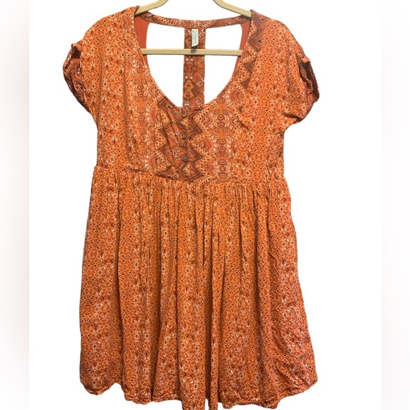 Free People Boho Babydoll Mini Dress Rust Orange Festival Size XS - Picture 1 of 7